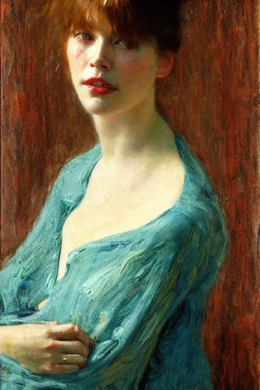 Image similar to Richard Schmid and Jeremy Lipking and Gustav Klimt full length portrait painting of a young beautiful woman