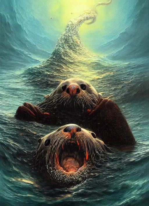 Prompt: an evil sea otter god in the ocean depths, abyss, cosmic horror painting, elegant intricate digital painting artstation concept art by mark brooks and brad kunkle and beksinski extreme detail 4 k