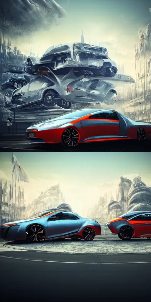 Image similar to sci-fi 3d car and wall structure car on the coronation of napoleon painting and digital billboard in the middle octane render pinterest keyshot product render reflections gloss shiny in luquid and oil