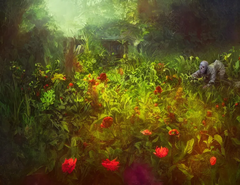 Prompt: psychological horror movie still, amorphous life form crawling in a garden. muted complementary colors, oil painting, indie concept art, bloom, chiaroscuro, backlighting, intricate details.