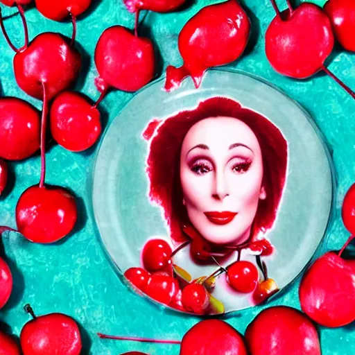 Image similar to the red fruit cherry, collage with the face of cher on it