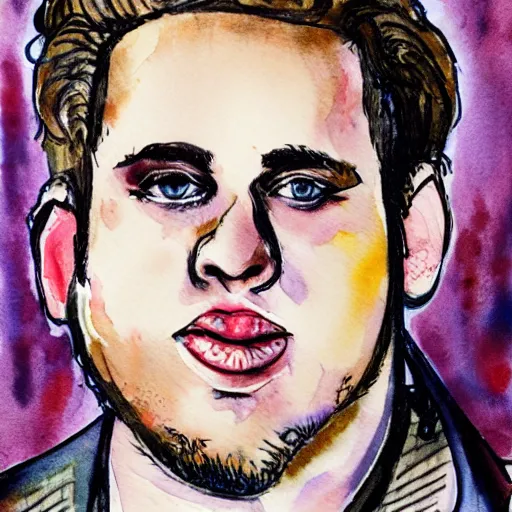 Image similar to jonah hill, stylized. Watercolor and ink. 1990s.