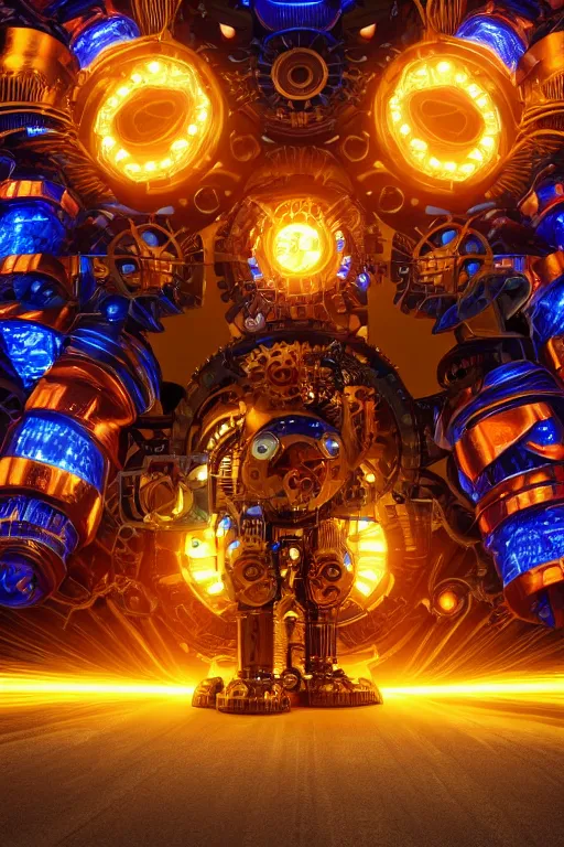 Image similar to portrait photo of a broken giant huge golden and blue metal broken steampunk robot with big gears and tubes all over the floor, eyes are glowing red lightbulbs, shiny crisp finish, 3 d render, 8 k, insaneley detailed, fluorescent colors, background is multicolored lasershow