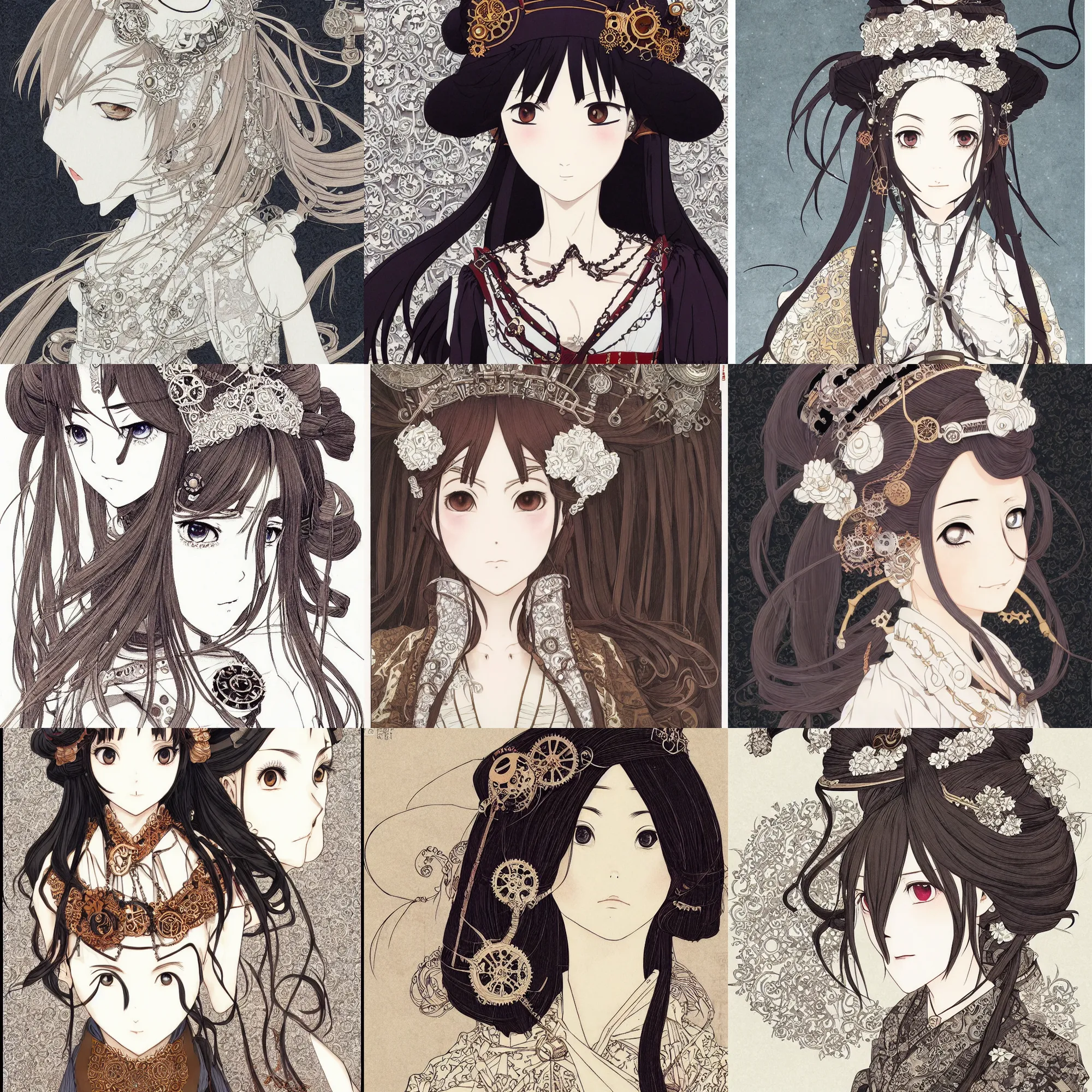 Prompt: steampunk hakama princess, white hime cut hairstyle, by kyoto animation, beautiful, detailed symmetrical close up portrait, intricate complexity, in the style of takato yamamoto and gharliera, cel shaded