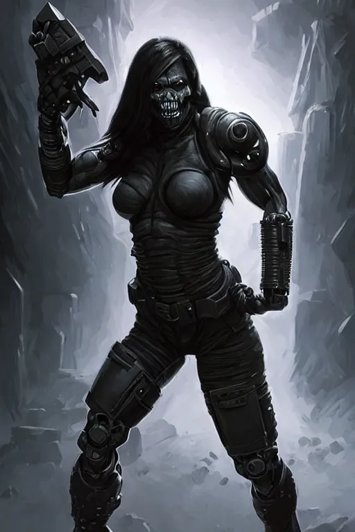 Image similar to gina carano as an ork with cybernetic left arm, casual black clothing, muscular, realistic proportions, casual pose, large portrait, sci - fi, shadowrun, rpg character, digital painting, artstation, concept art, smooth, 8 k frostbite 3 engine, ultra detailed, art by artgerm and greg rutkowski and magali villeneuve