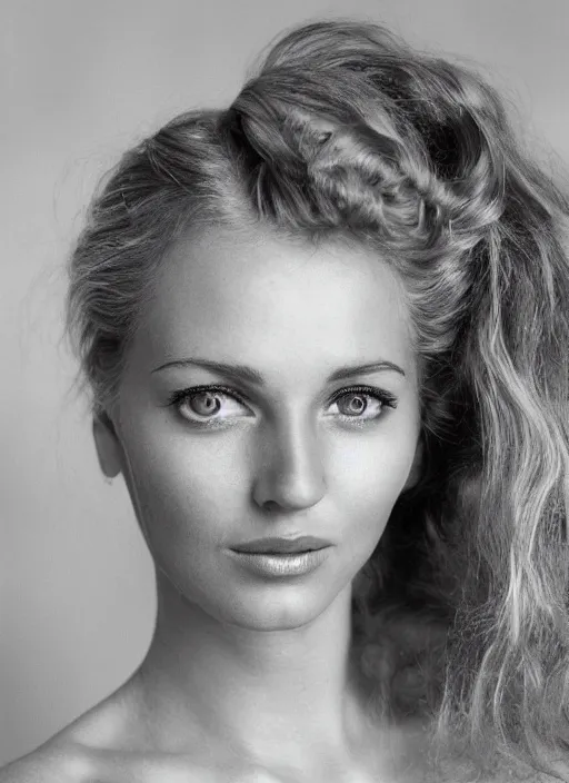 Image similar to vintage photograph of an olive skinned blonde female model in her early thirties, her hair pinned up, wearing a designer top, looking content, focused on her neck, facing the camera, photo realistic, extreme detail skin, natural beauty, no filter, slr, golden hour, 4 k, high definition, selfie