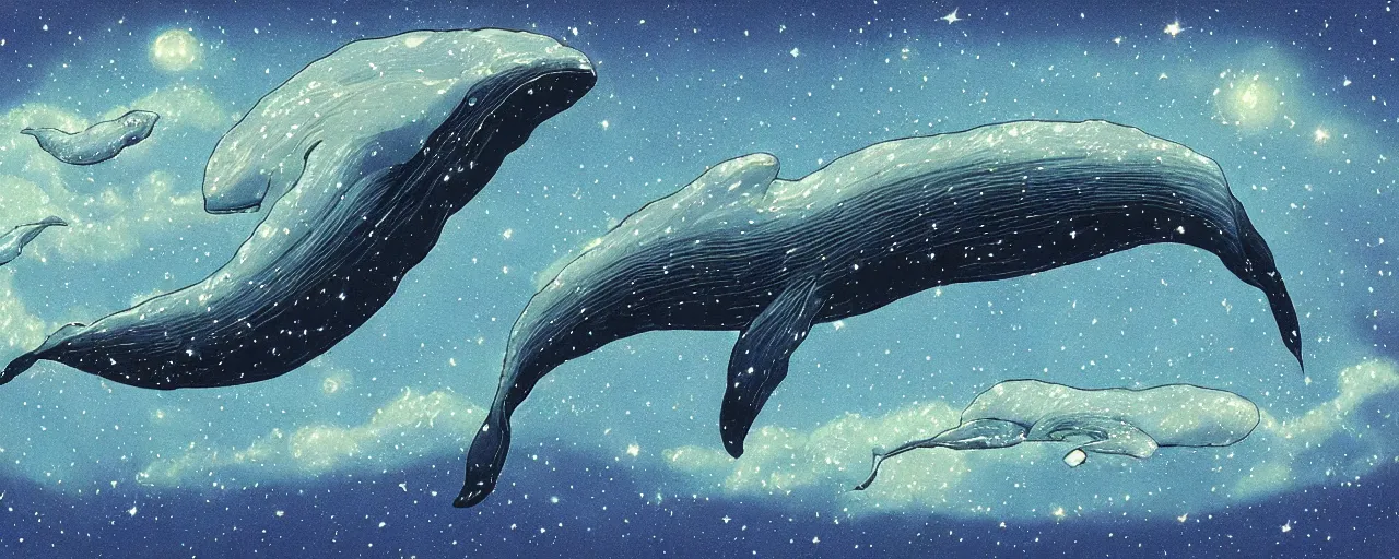 Image similar to ” big beautiful whales swimming in the shining starry sky painted by moebius. ”