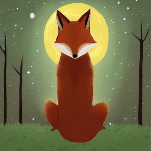 Prompt: “a fox sitting in the woods, looking up at the night sky. The moon shines brightly. digital art, painting, highly detailed”