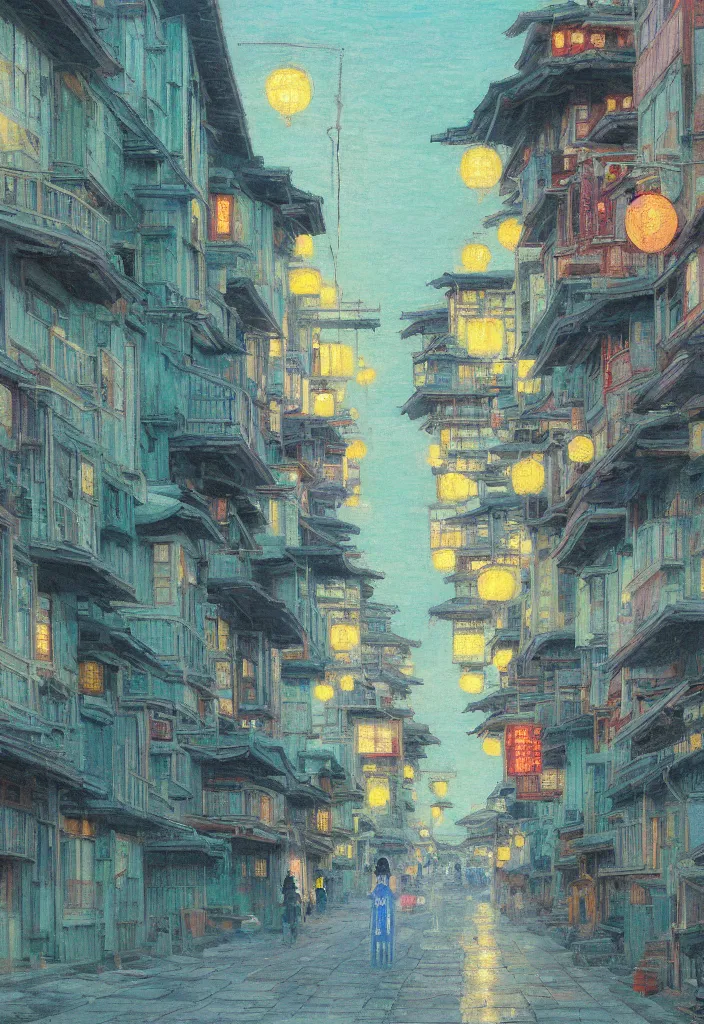 Image similar to a beautiful japanese city near the sea, amazing ryokans and gorgeous edo era houses, epic cyberpunk, lofi vibe, colorful, vivide colors, amazing light, really beautiful nature, oil painting in impressionist style, by jeremy lipkin, by claude monet, by makoto shinkai, multiple brush strokes, inspired by ghibli, masterpiece, beautiful