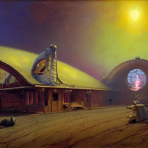 Prompt: painting of beksinski artlilery scifi organic shaped gas station with ornate metal work lands on a farm, fossil ornaments, volumetric lights, purple sun, andreas achenbach