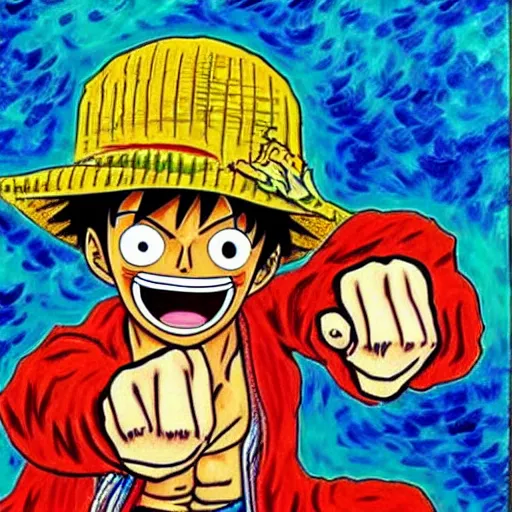 Image similar to Luffy from One Piece fist fights Jesus, in the style of a Van Gogh painting