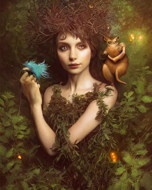 Image similar to dryad musician inspired by brian froud, portrait, accompanied by a cute feathered mouse, studio lighting by jessica rossier and brian froud and gaston bussiere