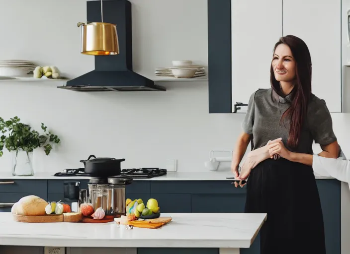 Prompt: mother standing in modern kitchen