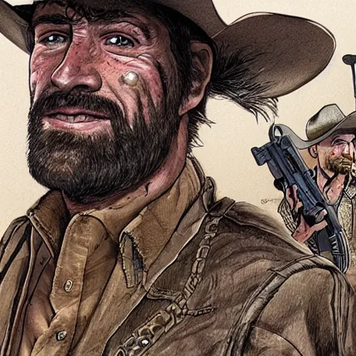 Prompt: character portrait of post - apocalyptic desert ranger, cowboy, stetson, short stubble, illustration by glenn fabry