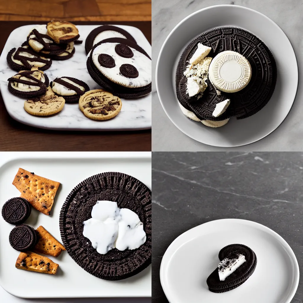 Prompt: deconstructed oreo dinner served on a marble plate, michelin star restaurant, 4K photo