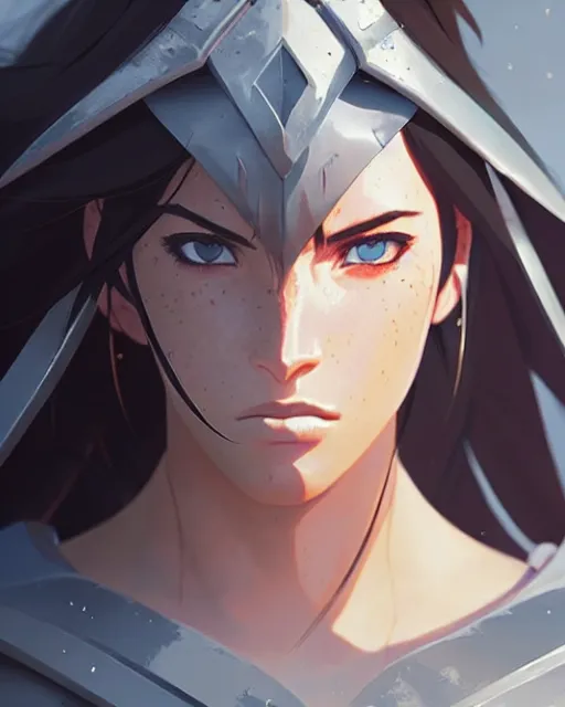 Image similar to azctec warrior, megan fox, detailed perfect face, exquisite details, fire magic, mid view, design on a white background, by studio muti, greg rutkowski makoto shinkai takashi takeuchi studio ghibli