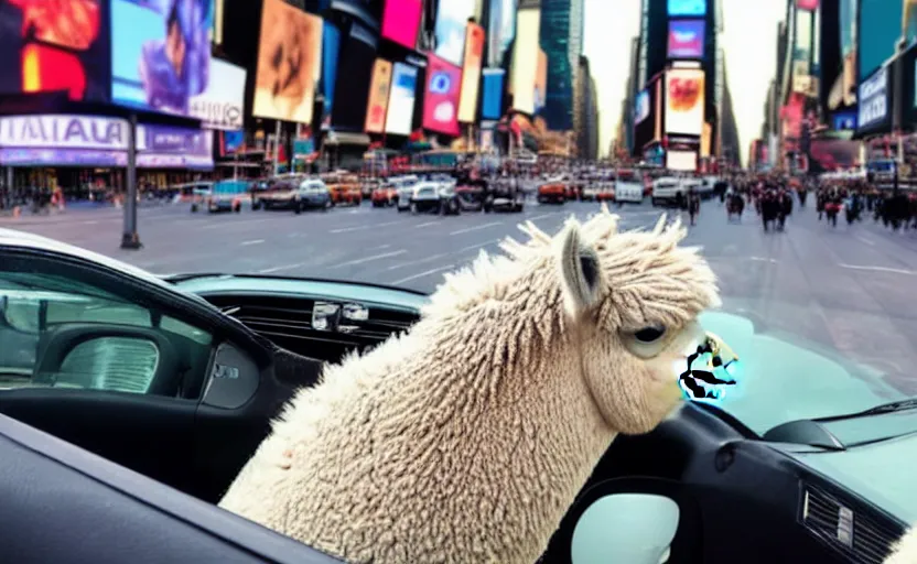 Image similar to a old photo of alpaca sitting in a car, looking out of the window and his hair is flying in the wind, riding through times square 8 k