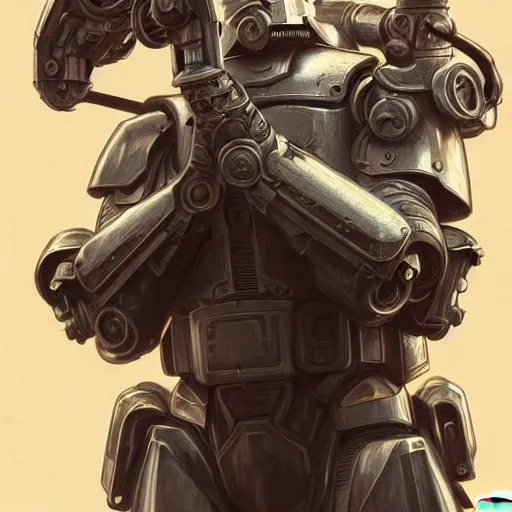 Image similar to Mark Hamill in a Power Armor, western, D&D, fantasy, intricate, elegant, highly detailed, digital painting, artstation, concept art, matte, sharp focus, illustration, art by Artgerm and Greg Rutkowski and Alphonse Mucha