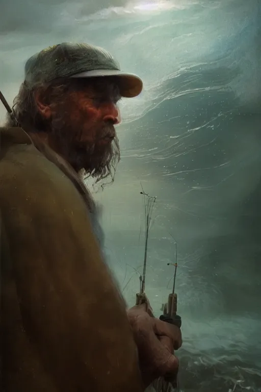 Image similar to Atlantis fisherman, close-up portrait, poor, intricate, elegant, volumetric lighting, scenery, digital painting, highly detailed, artstation, sharp focus, illustration, concept art,ruan jia, steve mccurry