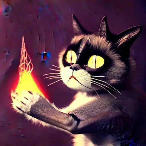 Image similar to someone demonstrating the dark arcane magic that is necessary to get this stupid cat to smile, highly detailed, trending on artstation, 8k, award winning artwork, oh and also grumpy cat is smiling in this one okay thanks