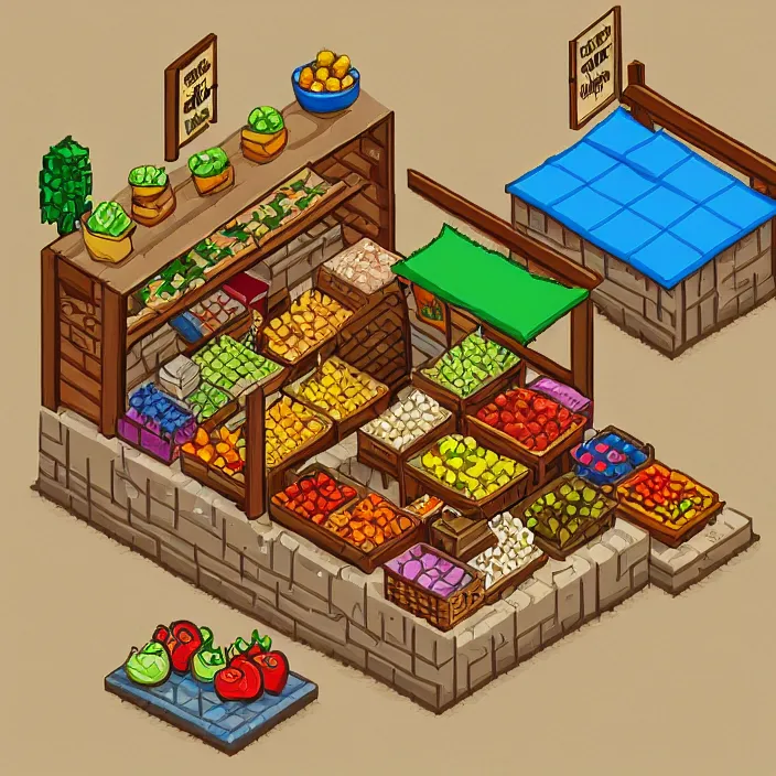 Prompt: isometric pixel art of a small medieval market stall selling fruits