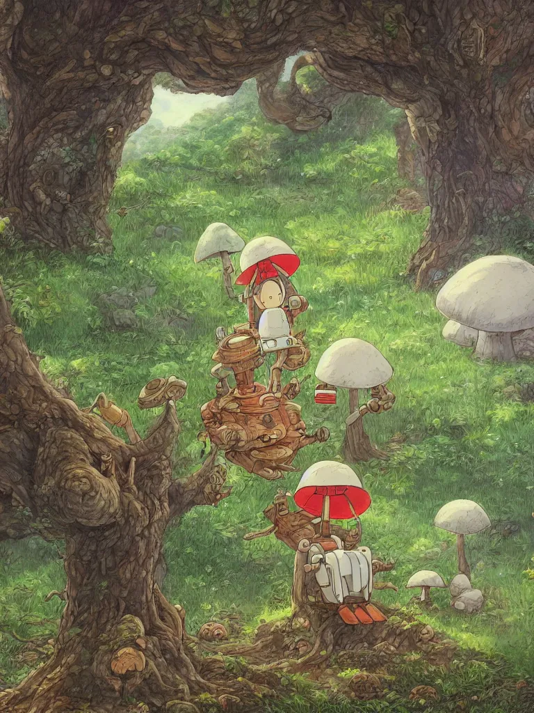 Image similar to portrait painting of a rustic robot sitting under a tree, mushroom, in the style of Studio Ghibli, by Hayao Miyazaki, high quality, detailed, 8k, amazing