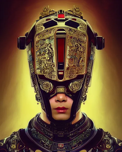 Image similar to portrait of a masculine male cyberpunk machine, machine face, upper half portrait, decorated with chinese opera motifs, asian, fine china, wuxia, traditional chinese art, intricate, elegant, highly detailed, symmetry, headpiece, digital painting, artstation concept art smooth sharp focus, illustration, art by artgerm and greg rutkowski alphonse mucha 8 k