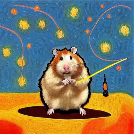 Prompt: “ a juggling hamster sitting on a rocket, inspired by vincent van gogh ”