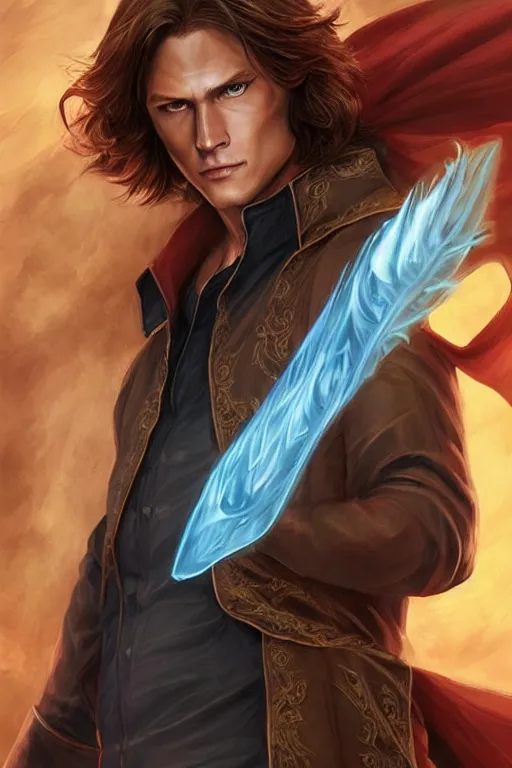 Image similar to sam winchester as a mage in the cover of an acotar book. d & d!, fantasy style, sharp focus!, ultra detailed, art by artgerm, wlop, ilya kuvshinov