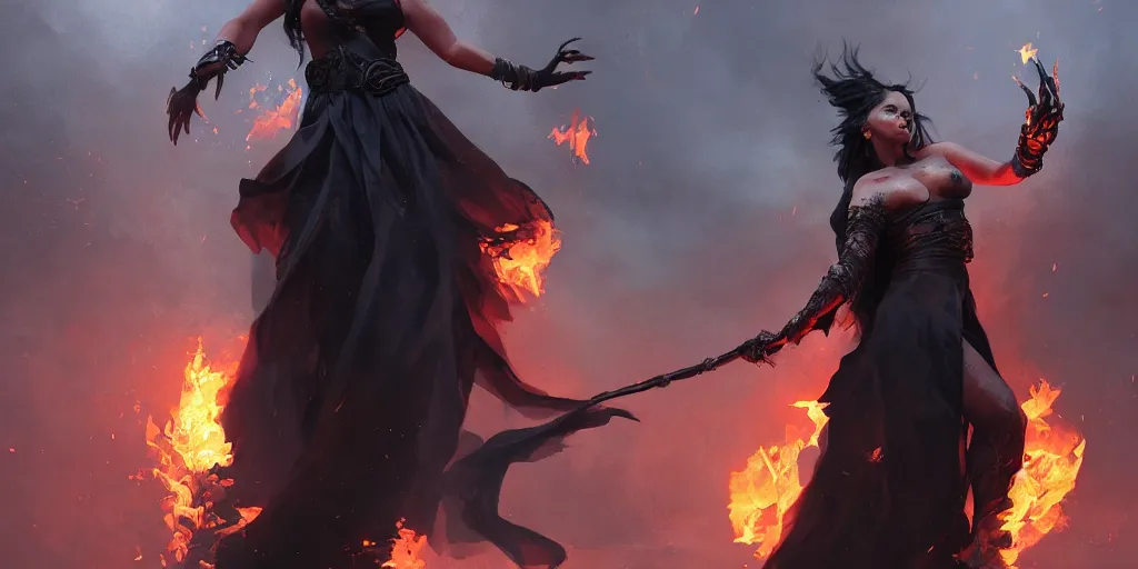 Image similar to The curvaceous black clothed sorceress casting a fire spell with her hands, Darek Zabrocki, Karlkka, Jayison Devadas, Phuoc Quan, trending on Artstation, 8K, ultra wide angle, pincushion lens effect.