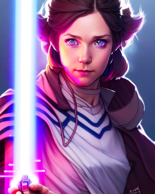 Prompt: pretty blue eyed brunette girl!! pink lightsaber! jedi, fire emblem, art by artgerm and greg rutkowski and magali villeneuve, portrait, d & d, fantasy, highly detailed, digital painting, trending on artstation, concept art, sharp focus, illustration