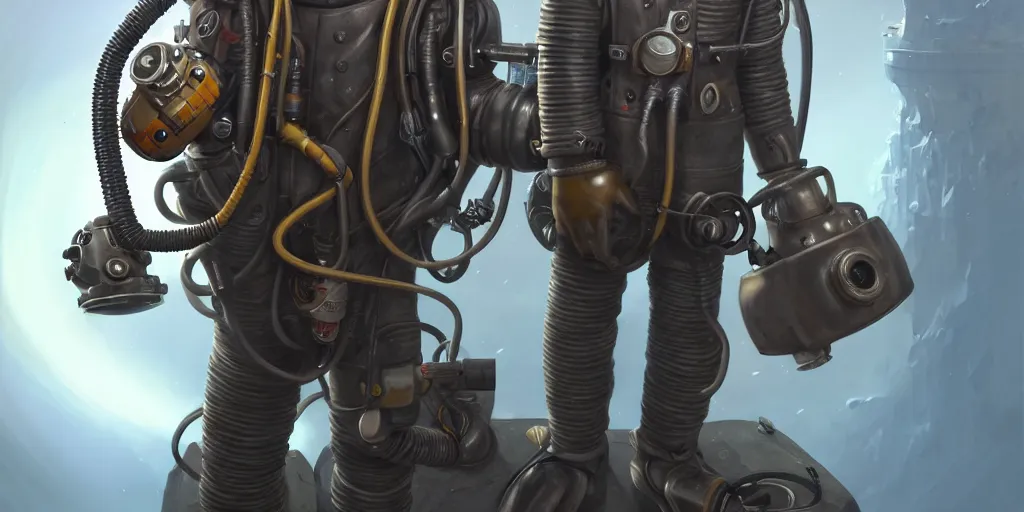 Prompt: highly detailed portrait painting of welder in atmospheric diving suit, mono eyed, by eddie mendoza and tyler edlin, windows, 8 k resolution