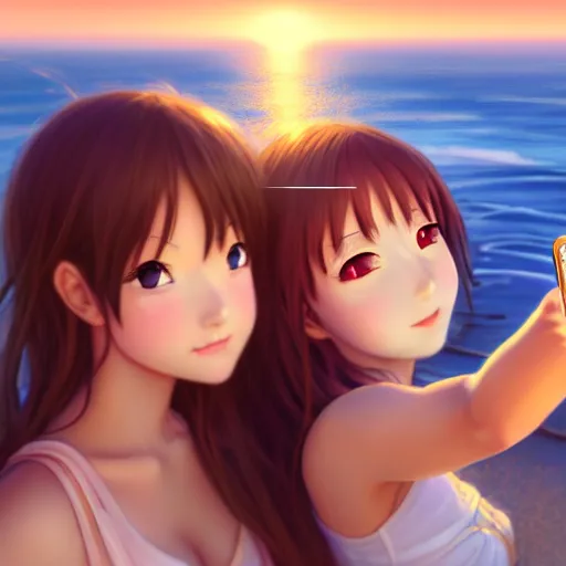 Image similar to beautiful serene intricate very detailed portrait of two anime girls taking a selfie in real life, smiling softly, relaxing on the beach, golden hour, soft focus, 8 k, art by irakli nadar, hyperrealism, hyperdetailed, ultra realistic