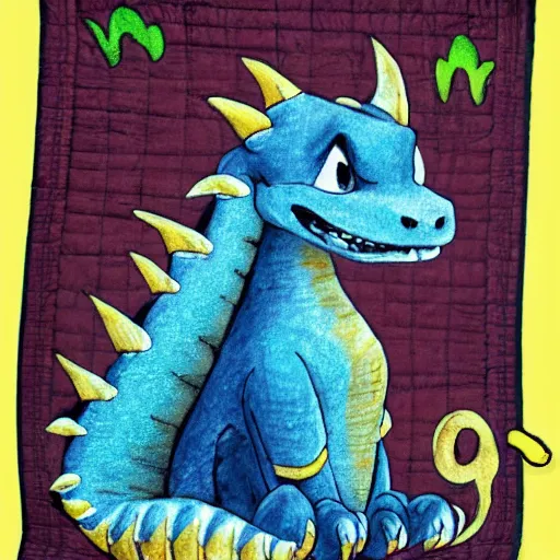 Image similar to adorable dragon in the style of how to train your dragon sitting on a pile of quilts