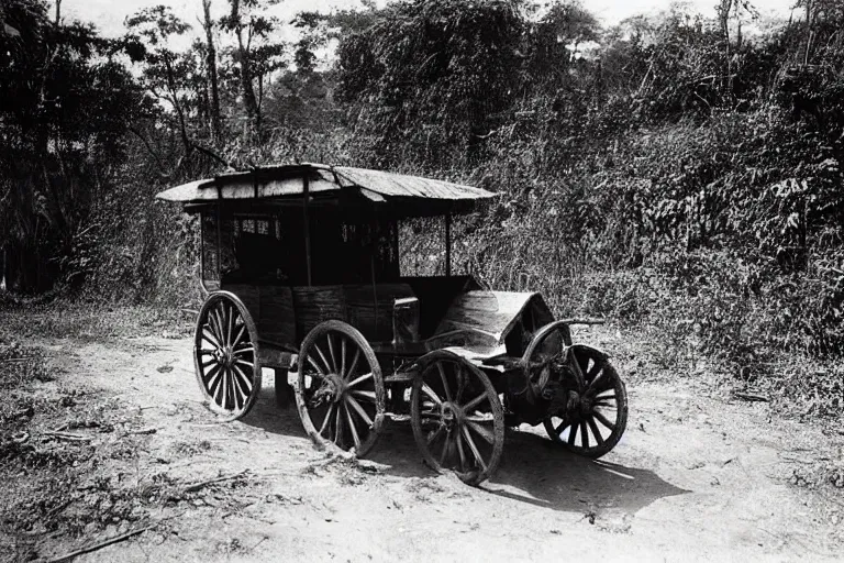 Prompt: a 1905 colonial closeup photograph of a cadillac in a village at the river bank of Congo , Thick jungle, scary, evil looking, wide angle shot