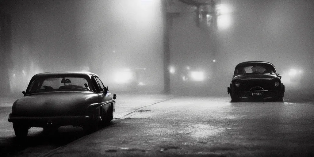 Image similar to a noir film scene, single character, old car, mist, foggy, mysterious, by yoji shinkawa