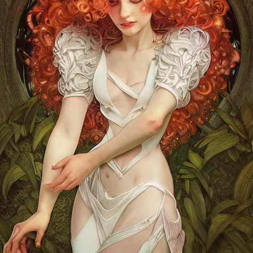 Image similar to a photograpic portrait of a anthropomorphic mimosa wearing white clothes, fantasy, intricate, elegant, highly detailed, digital painting, artstation, concept art, smooth, sharp focus, illustration, art by artgerm and H R Giger and alphonse mucha