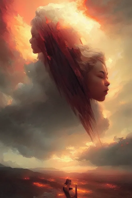 Image similar to poster artwork. the sky on fire. gorgeous. award winning. washed out. desaturated. art by wlop, mars ravelo and greg rutkowski.