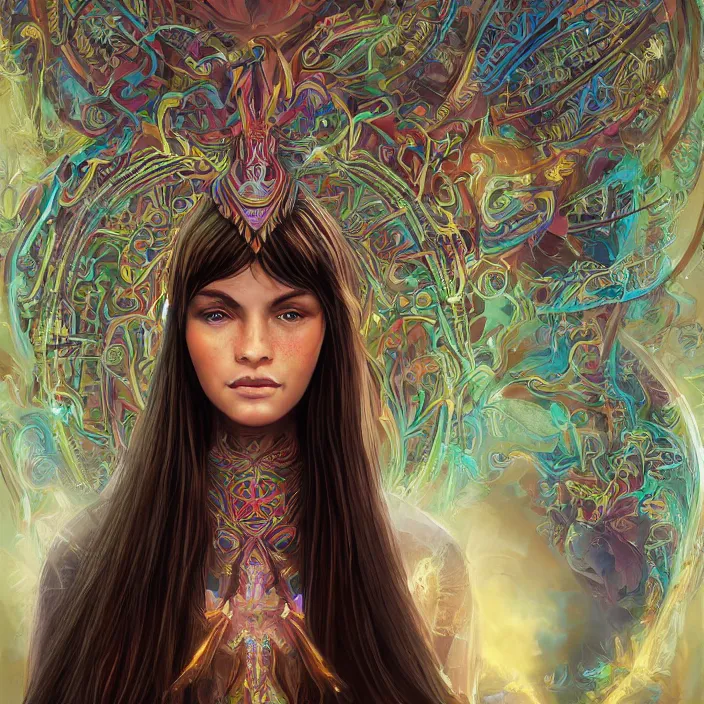 Image similar to portrait of a future metaverse ayahuasca tech shaman warrior, 2 d cartoon, visionary art, symmetric, magick symbols, holy halo, shipibo patterns, sci - fi, concept art, trending on art station, 8 k digital art, by mandy jurgens, fantasy portrait art, anime