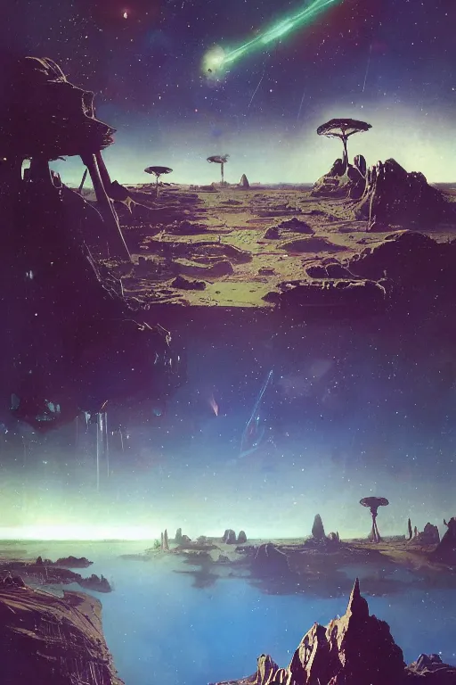 Image similar to 5 0 s pulp scifi illustration, space explorers in beautiful landscape, plain stretching into distance, pond, baobab trees, distant mountains, nebula, painted by bergey, craig mullins, john berkey, ruan jia, rodney matthews, jeremy mann, beksinski, jack kirby, tom lovell, alex malveda