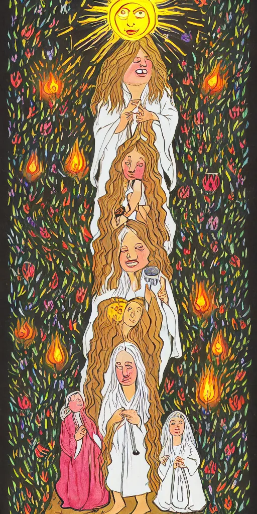 Image similar to small impish joyful creature in white robe with glowing eyes and sun ray flame hair holding lit matches and singing, three sisters visiting, The Queen in the Cave Children's book illustration, traditional folk art style, gouache on paper, outsider art, David Palladini, Mu Pan, Carson Ellis, Julia Sarda