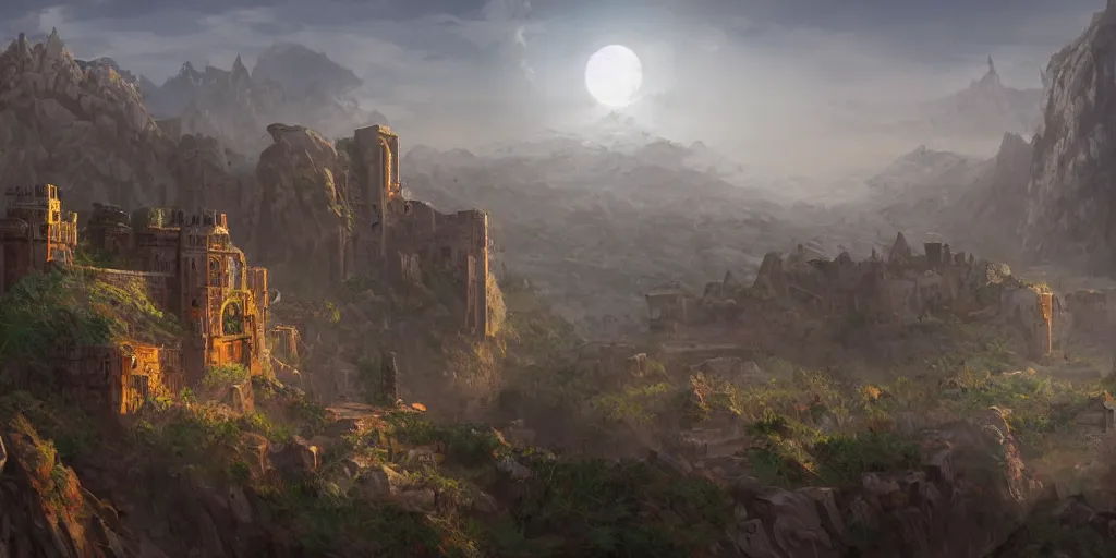 Image similar to an african old fortress on the mountains, surrounded by a city, fantasy art, cinematic volume lighting, 4k, illustration, epic scene, trending on artstation, art by Sebastian Luca