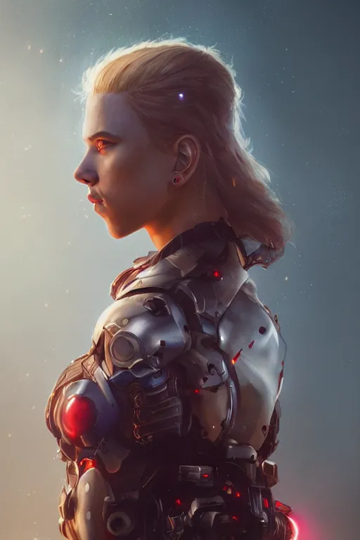 Image similar to a fancy portrait of a Scarlett Johansson cyborg by Greg Rutkowski, Sung Choi, Mitchell Mohrhauser, Maciej Kuciara, Johnson Ting, Maxim Verehin, Peter Konig, final fantasy , mythical, 8k photorealistic, cinematic lighting, HD, high details, atmospheric,