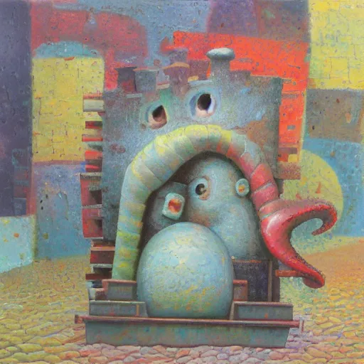 Prompt: a detailed impasto painting by shaun tan and dr seuss of an abstract forgotten sculpture by the caretaker and ivan seal