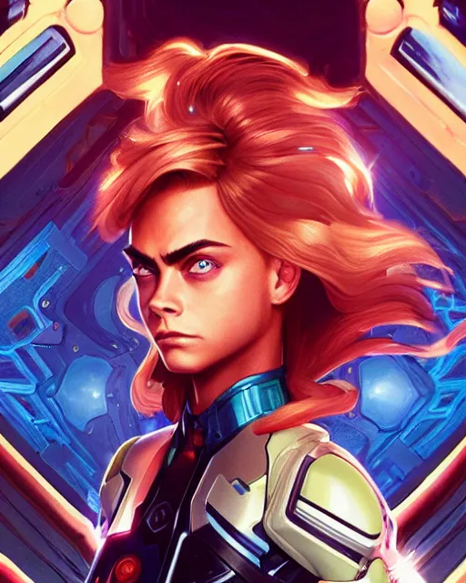 Prompt: Symmetric movie poster of Cara delevingne as Samus Aran , Marviel Style cover art, ultra wide lens shot,cinematic lighting, beautiful,art by Artgerm and Greg Rutkowski and Alphonse Mucha