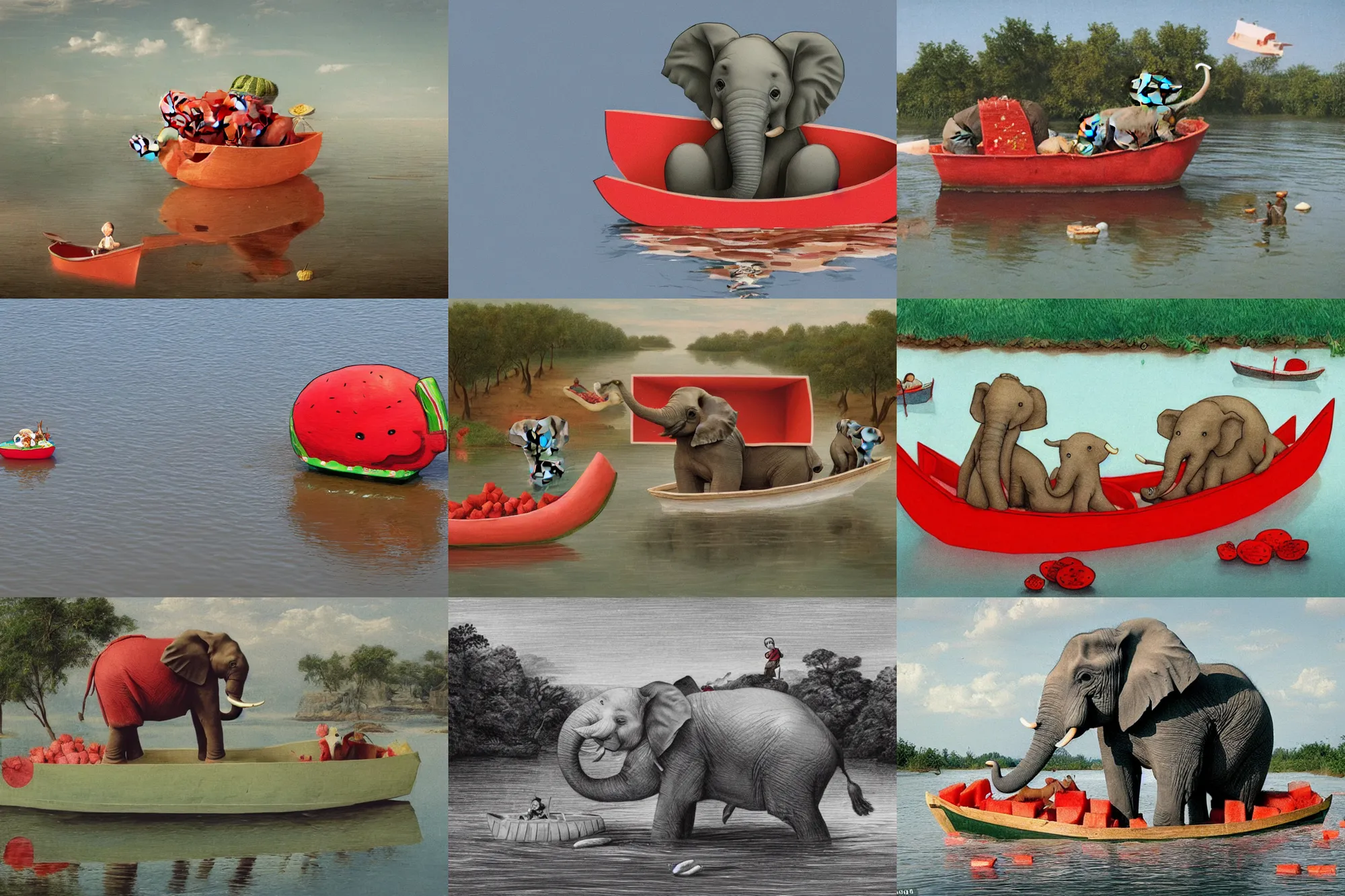 Prompt: a small elephant sits in a boat made of watermelon and floats on a river of milk