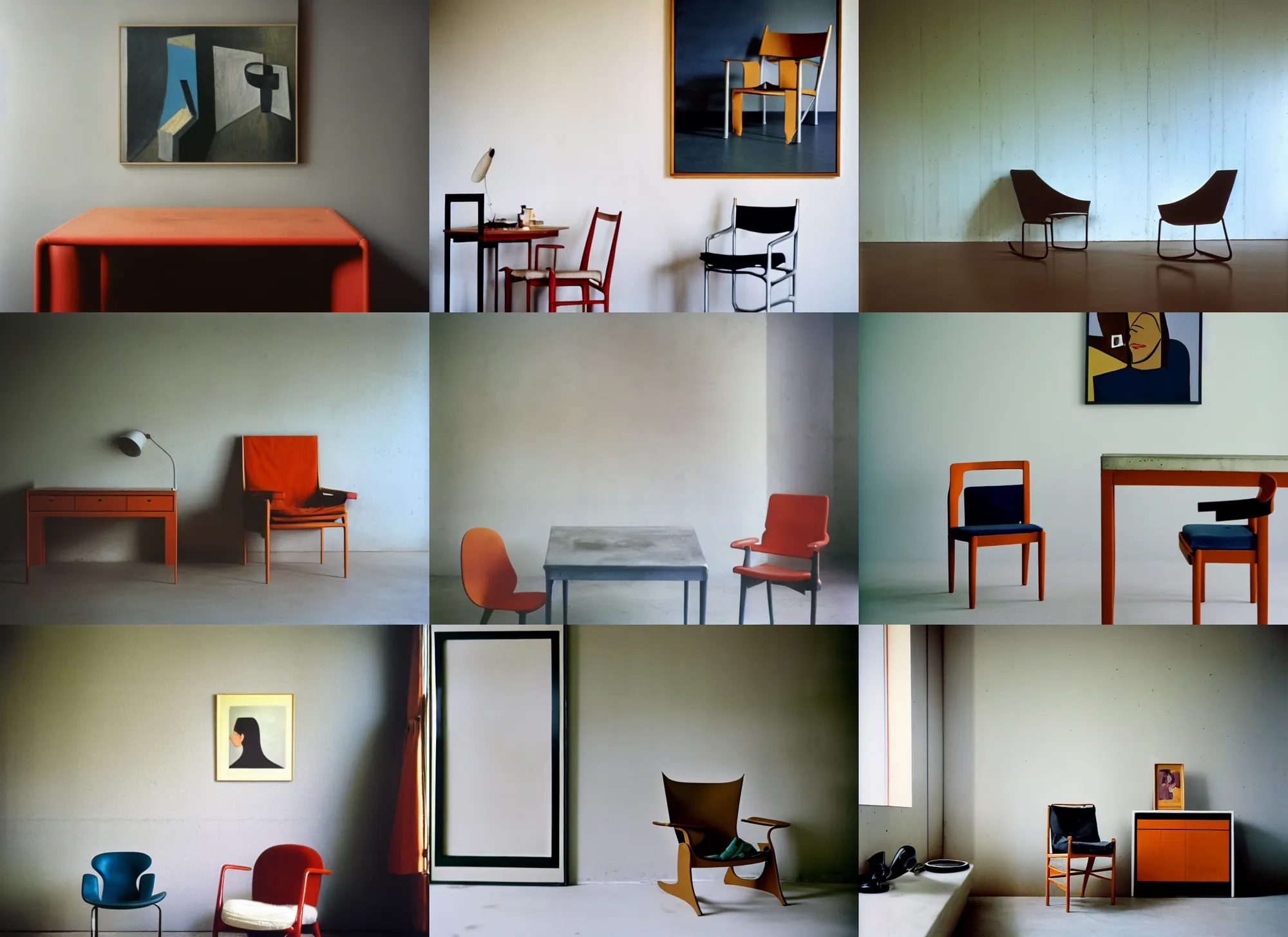 Prompt: kodak portra 4 0 0, 8 k, wide flashlight shot of a highly detailed, britt marling style, colour still - life portrait of a large minimalistic room, rough concrete walls, square pictureframes, a picasso painting, a 1 9 6 0 s table, 6 0 s chair,