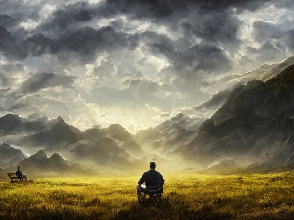 Prompt: a cinematic landscape view looking at an open field, a man sits in the field looking at the sky, mountains in the distance with a river running down, the sun shines through the parted clouds, digital painting, fantasy, art by alexandre mahboubi and christophe oliver