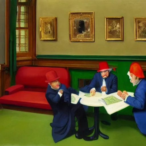 Image similar to a highly detailed fine art painting of multiple british members of parliament in the house of commons wearing clown costumes and smoking. in the style of edward hopper, richard hamilton. concept art. whimsical. green leather benches.