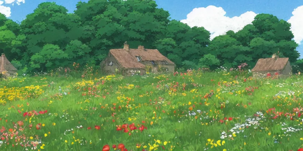 Image similar to an open field with wild flowers, with a small cottage in the distance, studio ghibli